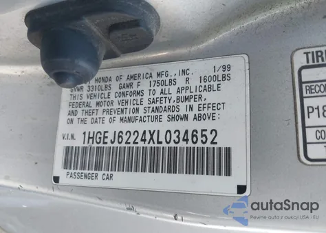 1999 Honda Civic Dx from USA, damaged, VIN 1HGEJ6224XL034652